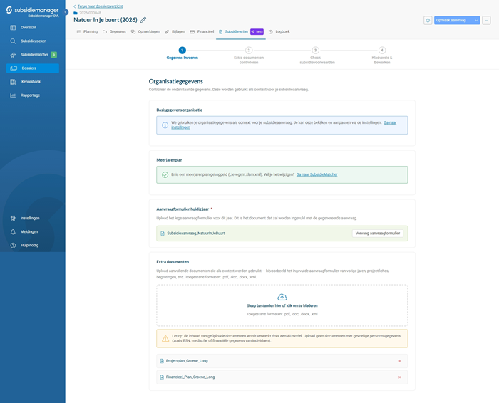 Stap 1 in Subsidiewriter: organisatiegegevens, gekoppeld meerjarenplan, aanvraagformulier en extra documenten